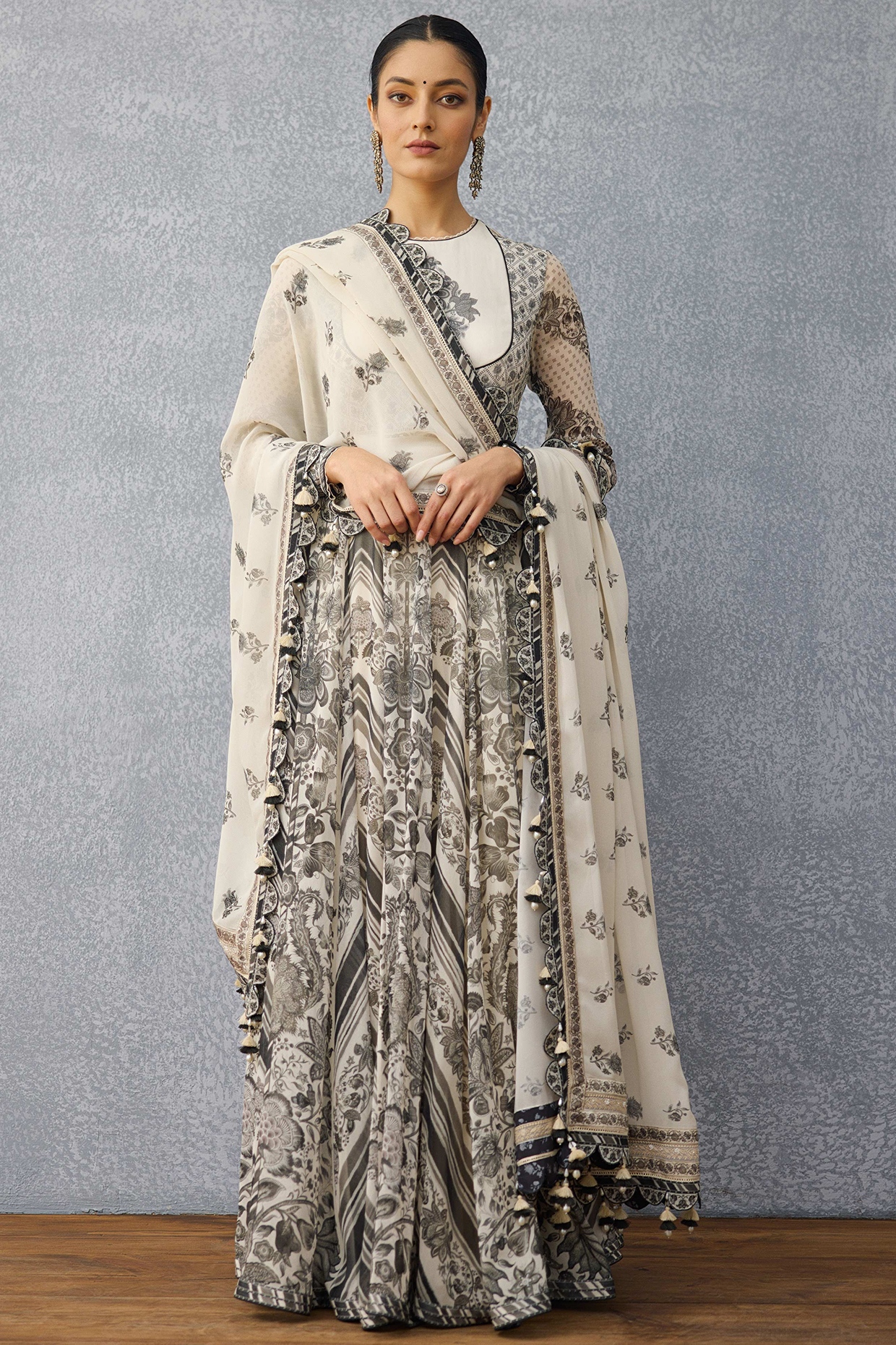 Black & White Georgette Sequins Work & Digital Printed Wedding Anarkali Set by TORANI at Pernia's Pop Up Shop