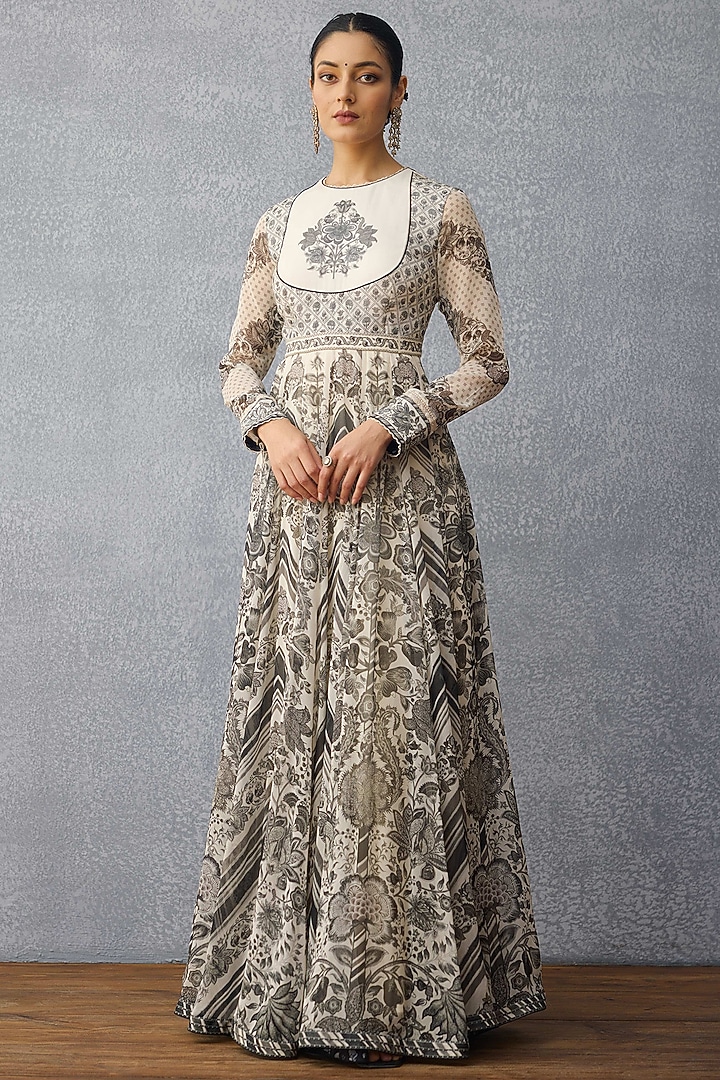 Black & White Georgette Sequins Work & Digital Printed Bridal Anarkali Set by TORANI at Pernia's Pop Up Shop