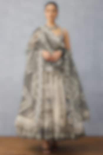 Black & White Handwoven Chanderi Digital Printed Bridal Anarkali Set by TORANI at Pernia's Pop Up Shop