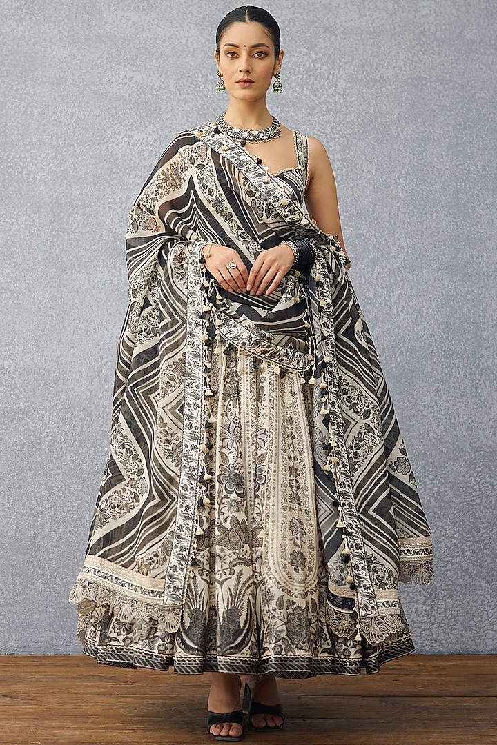 Black & White Handwoven Chanderi Digital Printed Bridal Anarkali Set by TORANI at Pernia's Pop Up Shop