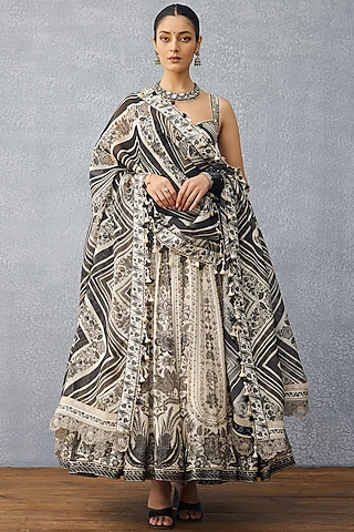 Black & White Handwoven Chanderi Digital Printed Anarkali Set by TORANI