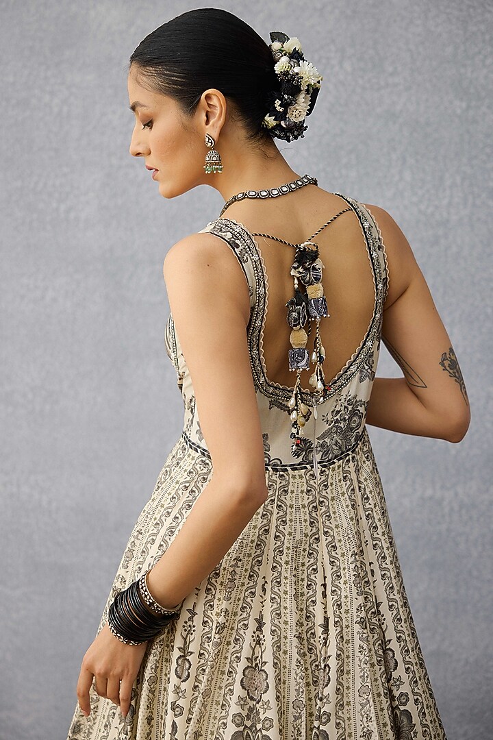 Black & White Handwoven Chanderi Digital Printed Bridal Anarkali Set by TORANI at Pernia's Pop Up Shop
