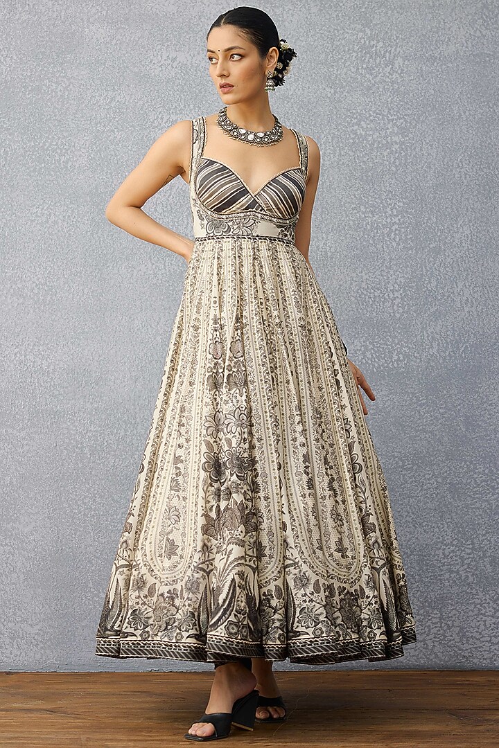 Black & White Handwoven Chanderi Digital Printed Bridal Anarkali Set by TORANI at Pernia's Pop Up Shop