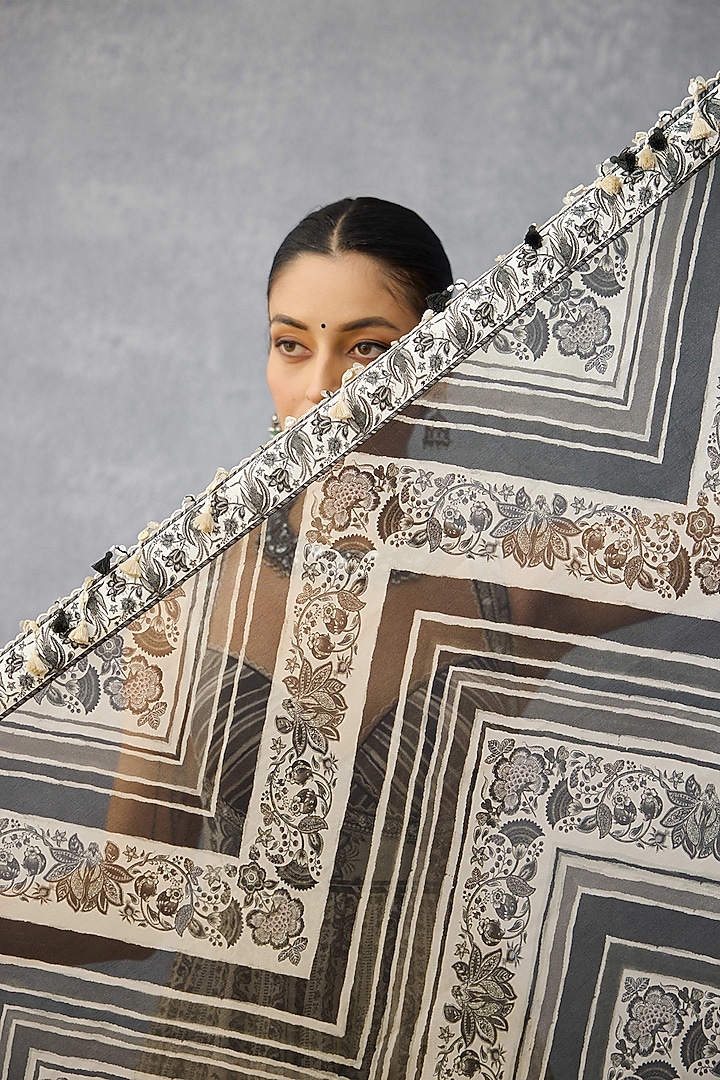 Black & White Handwoven Chanderi Digital Printed Bridal Anarkali Set by TORANI at Pernia's Pop Up Shop