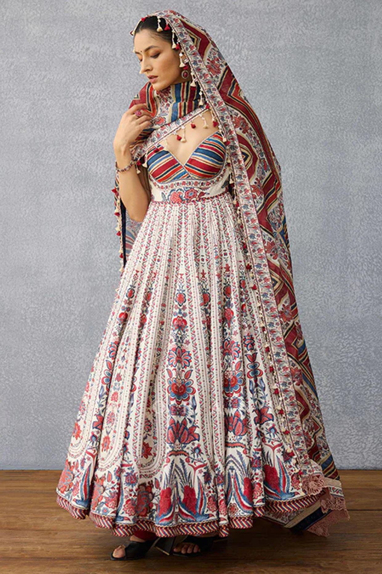 Multi-Colored Handwoven Chanderi Digital Printed Bridal Anarkali Set by TORANI at Pernia's Pop Up Shop