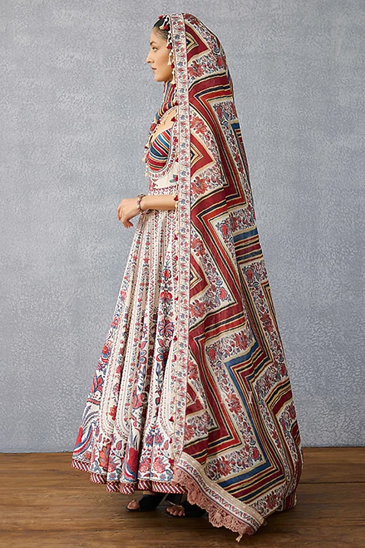 Multi-Colored Handwoven Chanderi Digital Printed Bridal Anarkali Set by TORANI at Pernia's Pop Up Shop