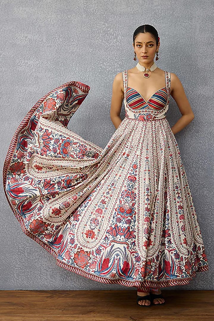 Multi-Colored Handwoven Chanderi Digital Printed Bridal Anarkali Set by TORANI at Pernia's Pop Up Shop
