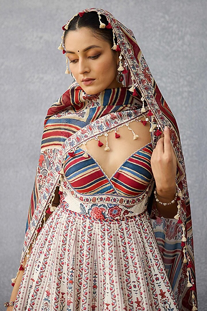 Multi-Colored Handwoven Chanderi Digital Printed Bridal Anarkali Set by TORANI at Pernia's Pop Up Shop