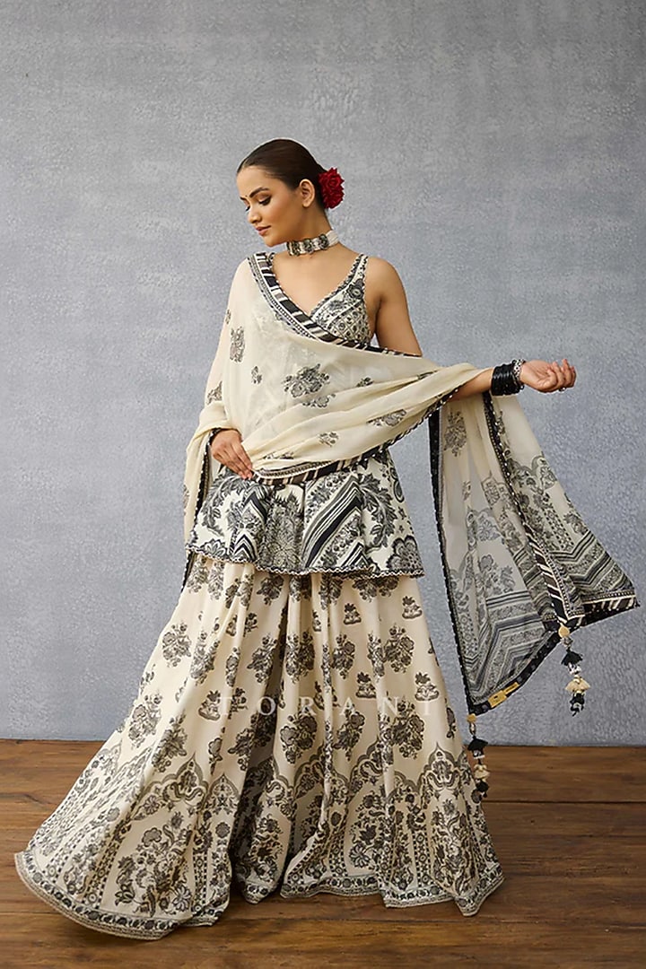 Black & White Dola Silk Digital Printed Wedding Sharara Set by TORANI at Pernia's Pop Up Shop