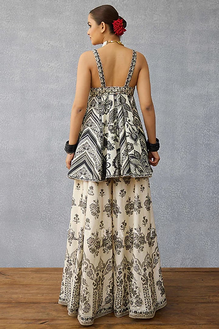 Black & White Dola Silk Digital Printed Wedding Sharara Set by TORANI at Pernia's Pop Up Shop