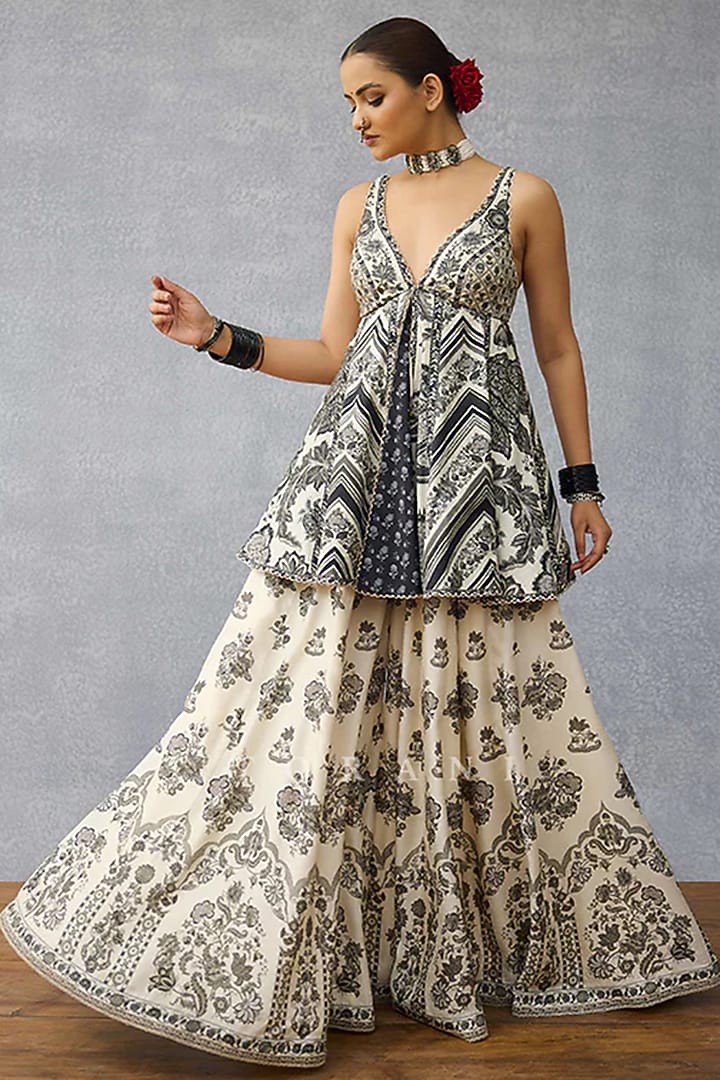 Black & White Dola Silk Digital Printed Wedding Sharara Set by TORANI at Pernia's Pop Up Shop