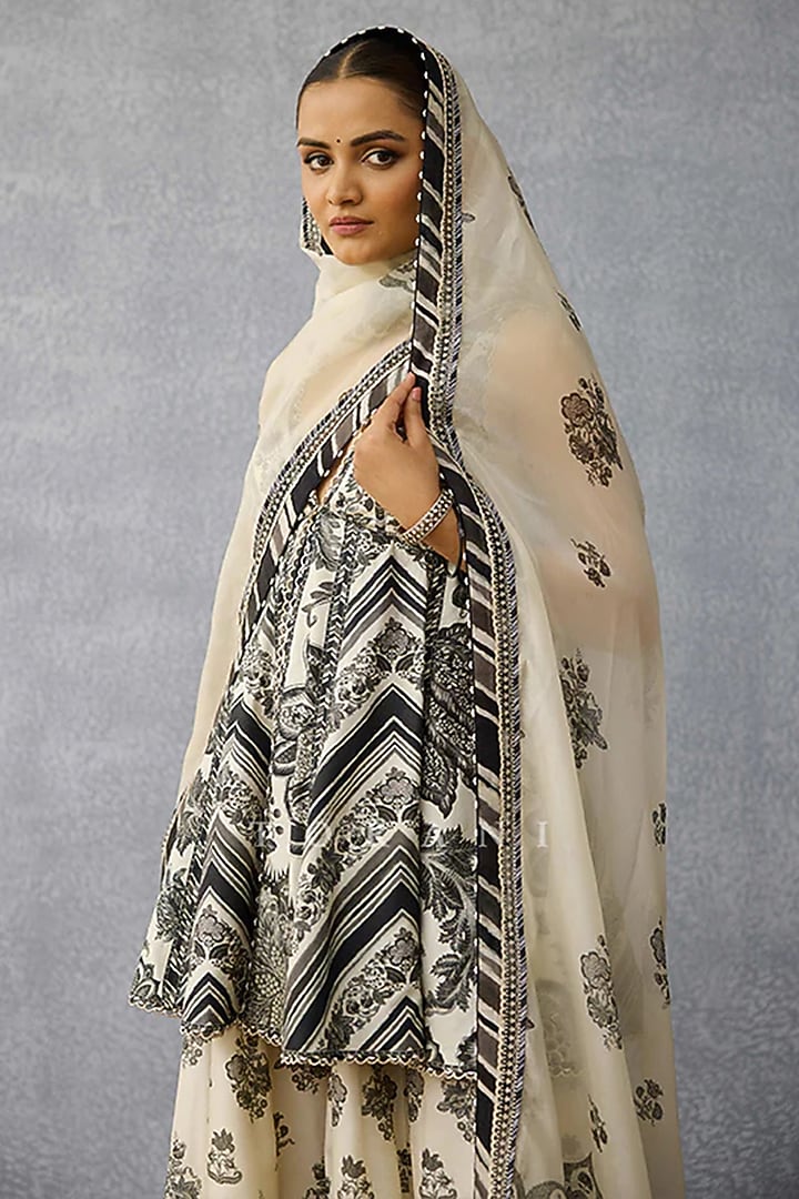 Black & White Dola Silk Digital Printed Wedding Sharara Set by TORANI at Pernia's Pop Up Shop