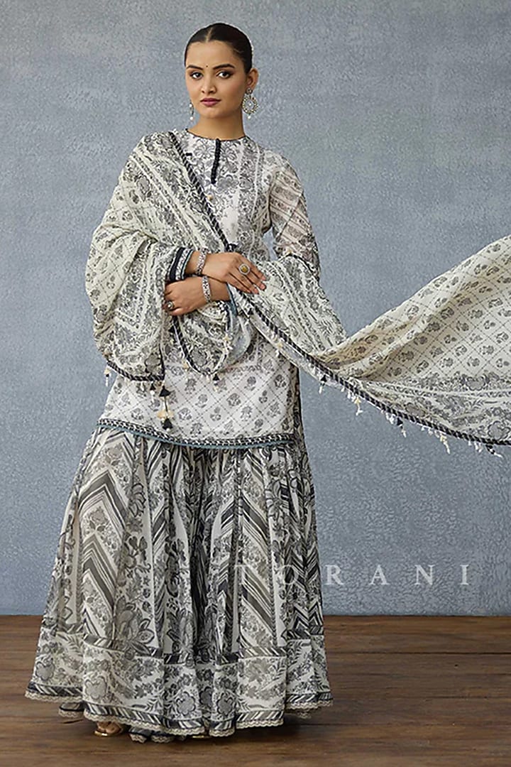 Black & Ivory Georgette Digital Printed Gharara Set by TORANI at Pernia's Pop Up Shop