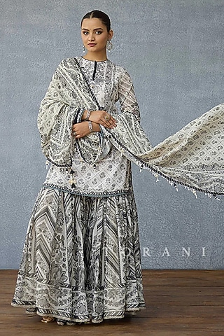Black & Ivory Georgette Digital Printed Gharara Set by TORANI