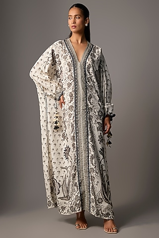 Black & White Linen Digital Chintz Printed Kaftan by TORANI