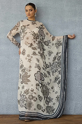 Black & Ivory Georgette Digital Printed Kaftan Set by TORANI