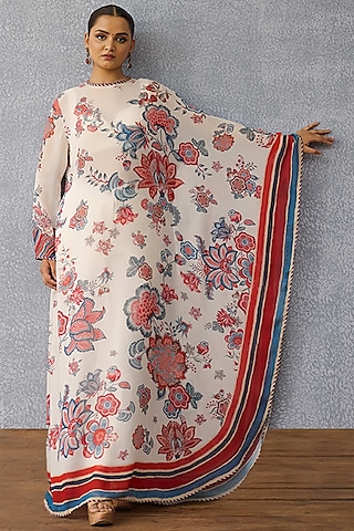 Multi-Colored georgette & Jeni Silk Digital Printed Kaftan by TORANI