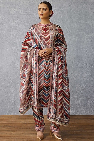 Multi-Colored Silk Crepe Organza Digital Printed Kurta Set by TORANI