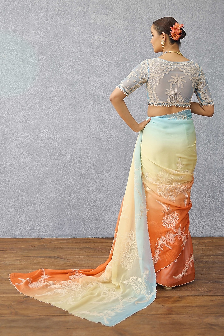Multi-Colored Ombre Chiffon Dori Hand Embroidered Wedding Saree by TORANI at Pernia's Pop Up Shop