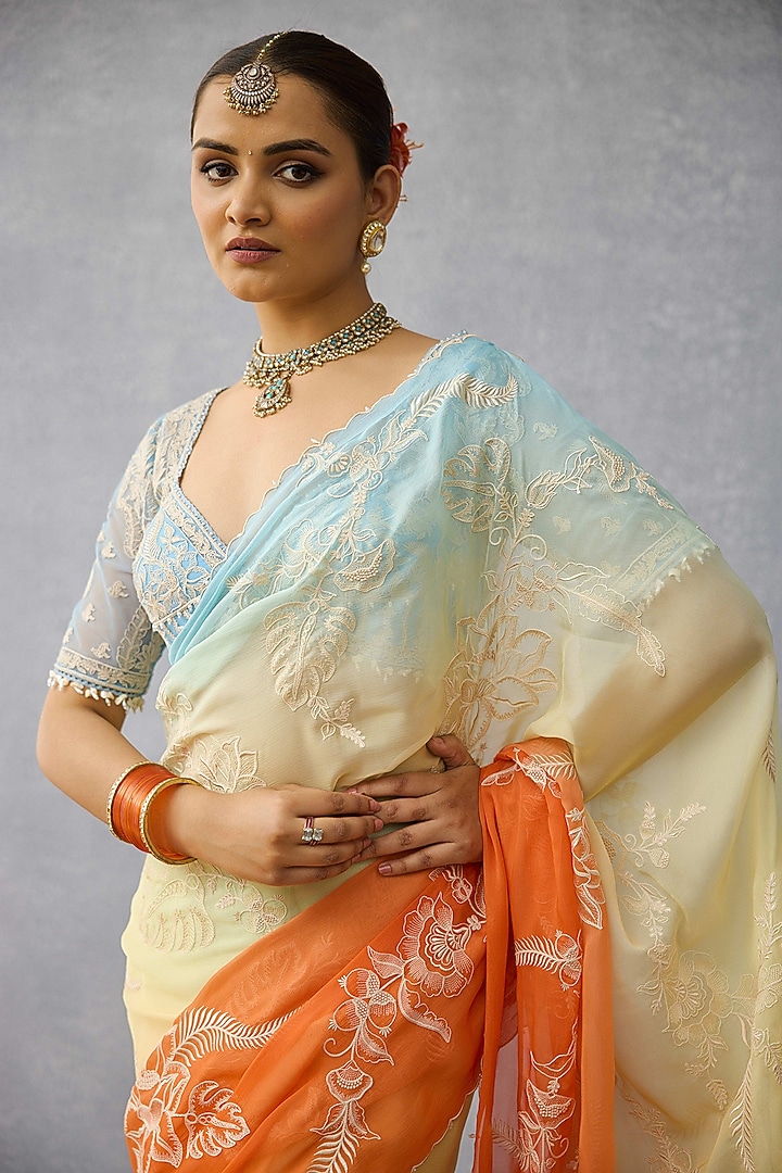 Multi-Colored Ombre Chiffon Dori Hand Embroidered Wedding Saree by TORANI at Pernia's Pop Up Shop