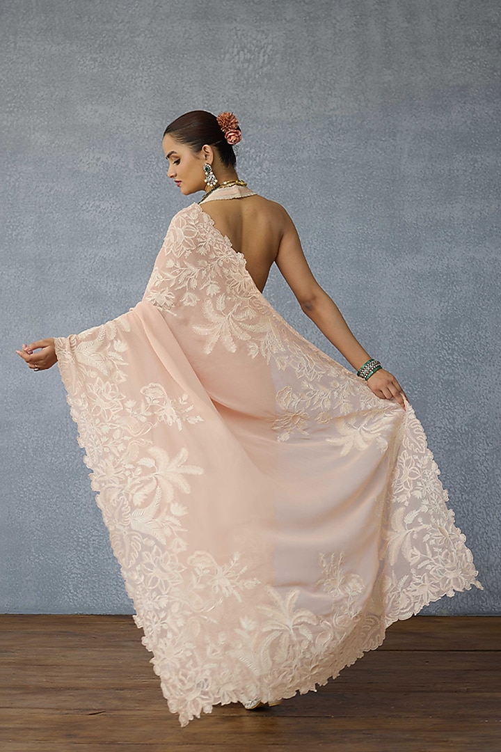 Peach Georgette Thread Embroidered Wedding Saree by TORANI at Pernia's Pop Up Shop