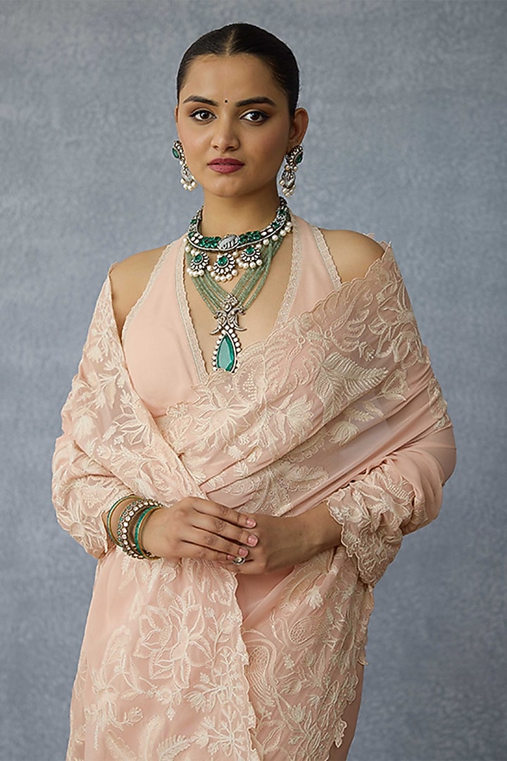 Peach Georgette Thread Embroidered Wedding Saree by TORANI at Pernia's Pop Up Shop