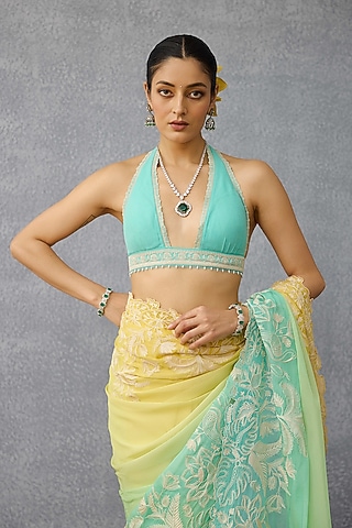Powder Blue Georgette Lace Embroidered Halter Blouse by TORANI