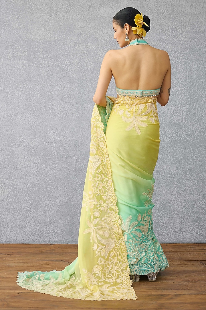 Powder Blue Georgette Lace Embroidered Halter Blouse by TORANI at Pernia's Pop Up Shop