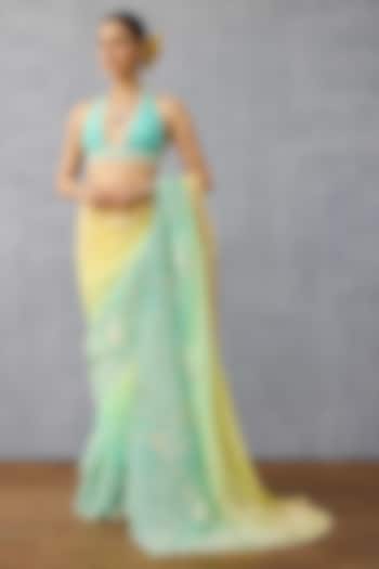 Yellow & Blue Ombre Chiffon Hand Embroidered Reception Saree by TORANI at Pernia's Pop Up Shop