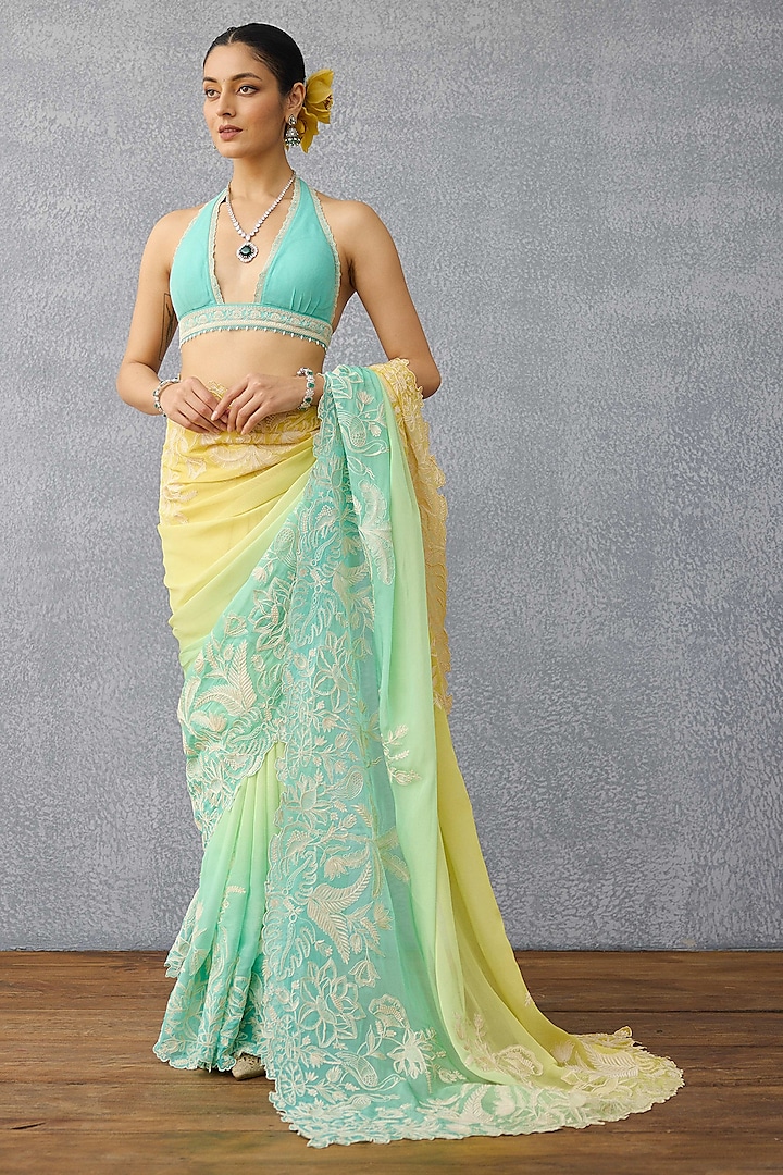 Yellow & Blue Ombre Chiffon Hand Embroidered Reception Saree by TORANI at Pernia's Pop Up Shop