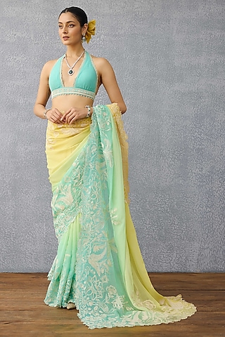 Yellow & Blue Ombre Chiffon Hand Embroidered Saree by TORANI