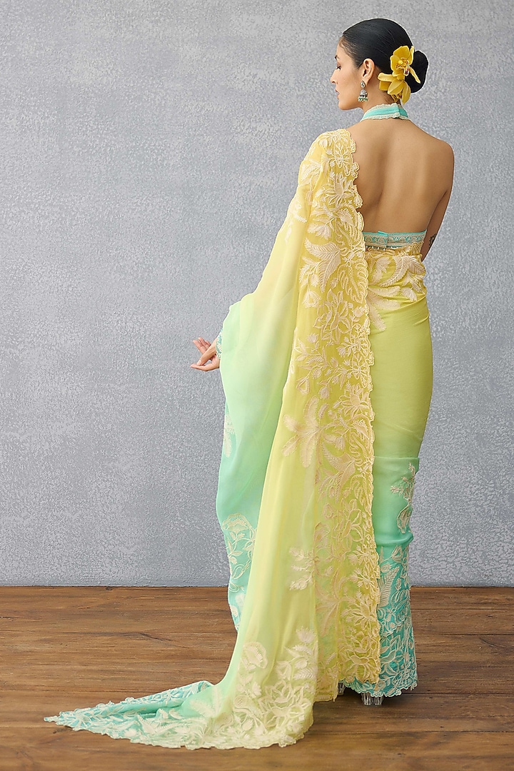 Yellow & Blue Ombre Chiffon Hand Embroidered Reception Saree by TORANI at Pernia's Pop Up Shop