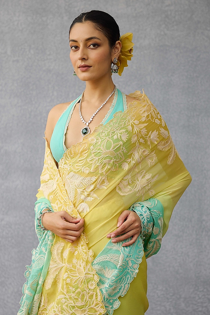 Yellow & Blue Ombre Chiffon Hand Embroidered Reception Saree by TORANI at Pernia's Pop Up Shop