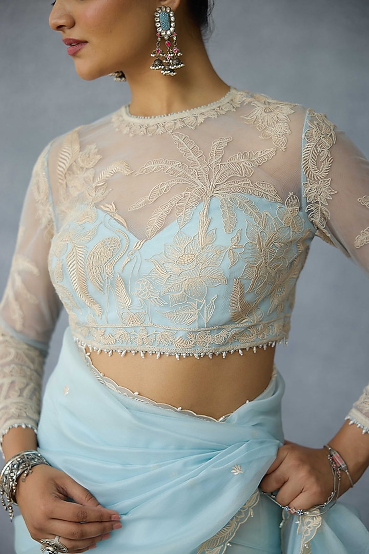 Powder Blue Butterfly Net Motif Embroidered Blouse by TORANI at Pernia's Pop Up Shop