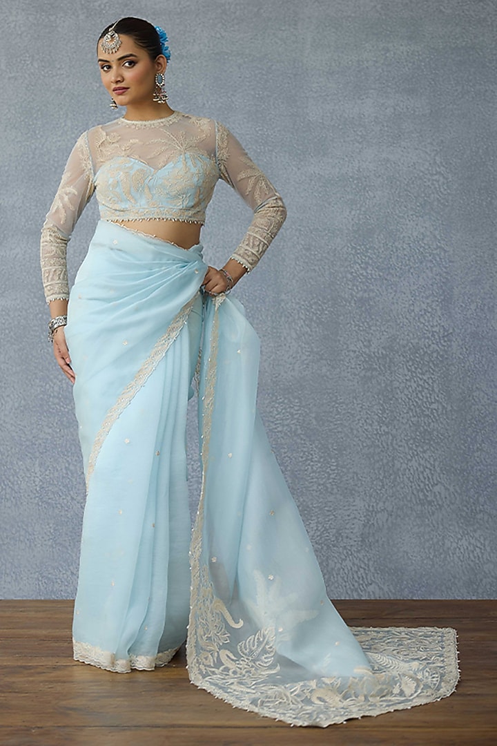 Powder Blue Butterfly Net Motif Embroidered Blouse by TORANI at Pernia's Pop Up Shop