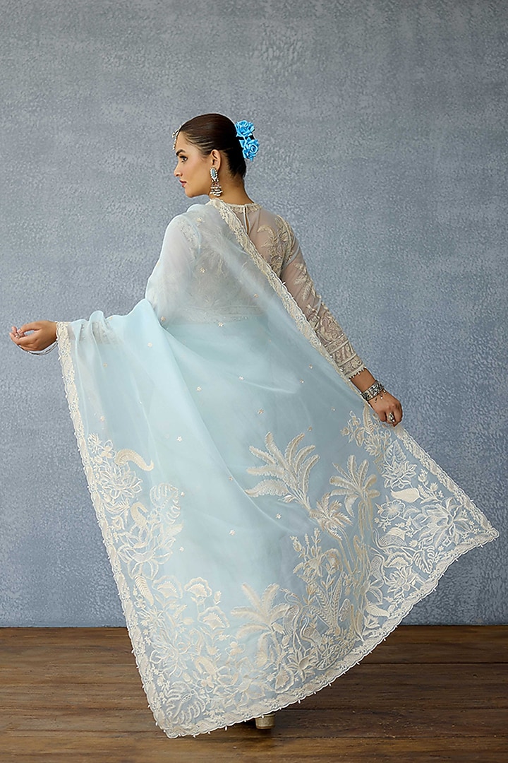 Powder Blue Organza Embroidered Reception Saree by TORANI at Pernia's Pop Up Shop