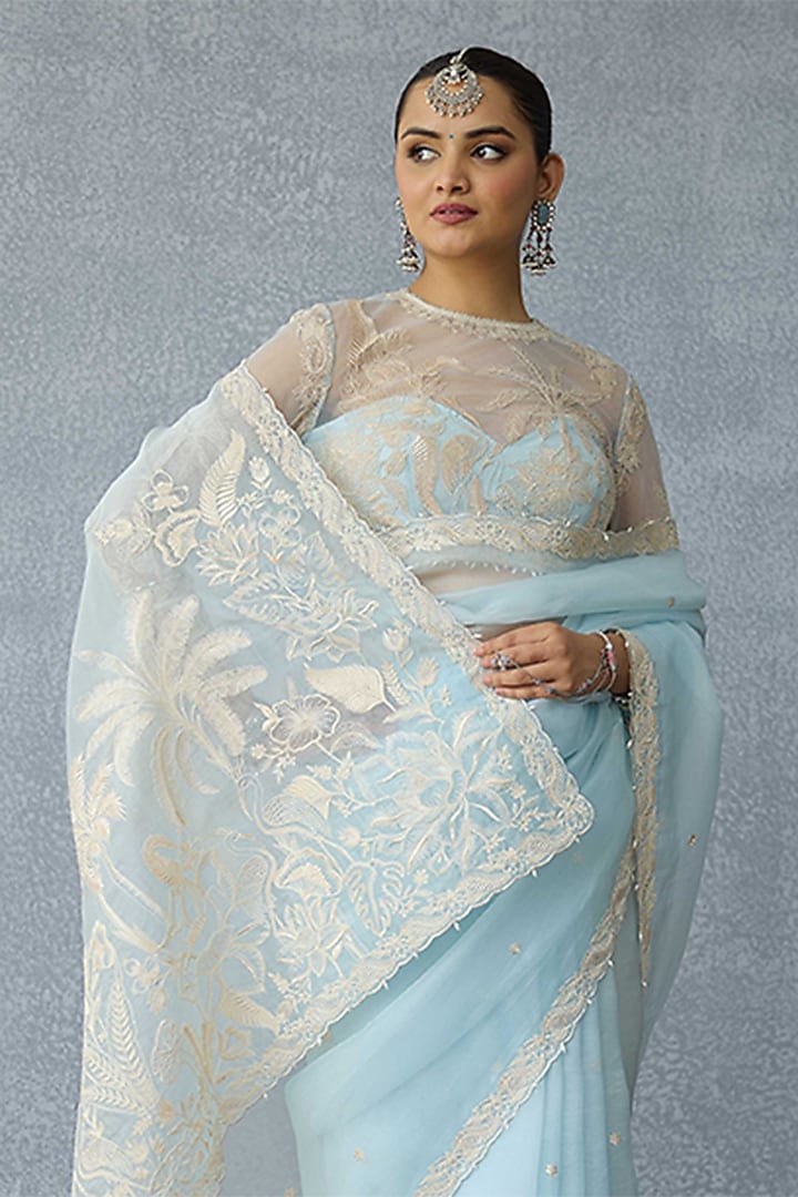 Powder Blue Organza Embroidered Reception Saree by TORANI at Pernia's Pop Up Shop