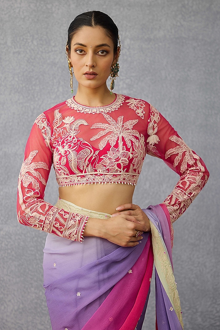 Pink Butterfly Net Motif Embroidered Blouse by TORANI at Pernia's Pop Up Shop