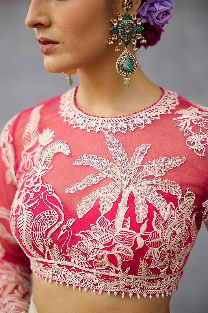 Pink Butterfly Net Motif Embroidered Blouse by TORANI at Pernia's Pop Up Shop