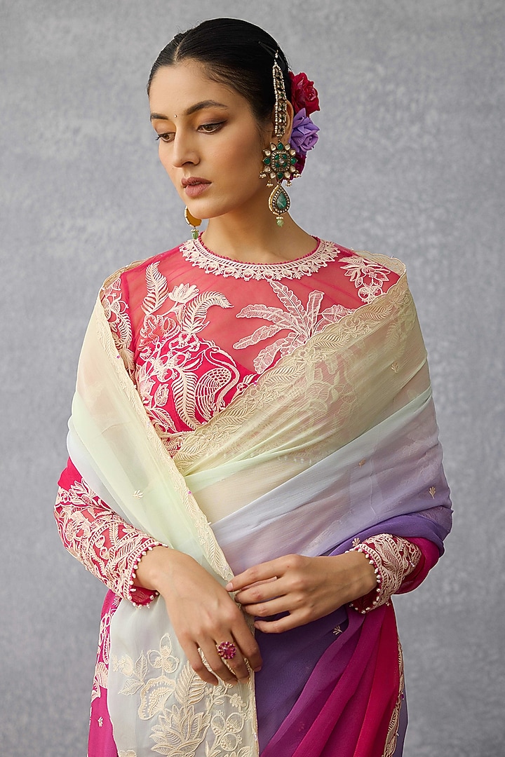 Multi-Colored Ombre Chiffon Embroidered Reception Saree by TORANI at Pernia's Pop Up Shop