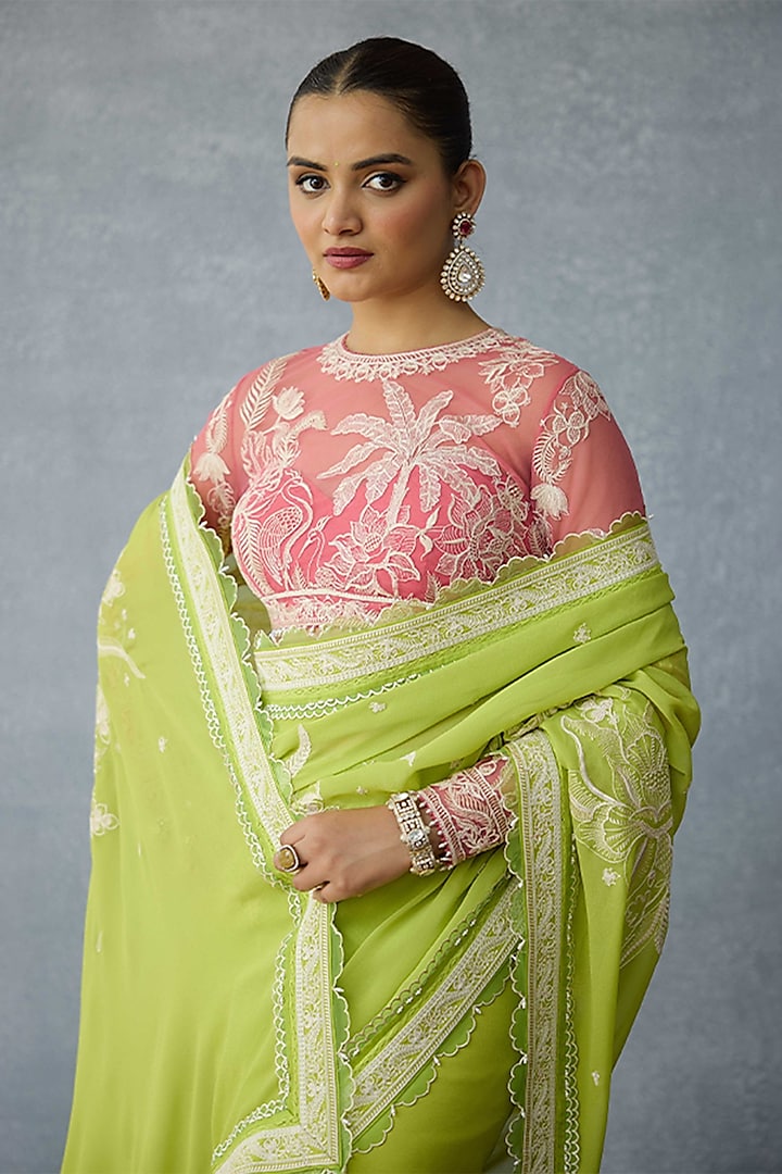 Green Organza Motif Embroidered Wedding Saree by TORANI at Pernia's Pop Up Shop