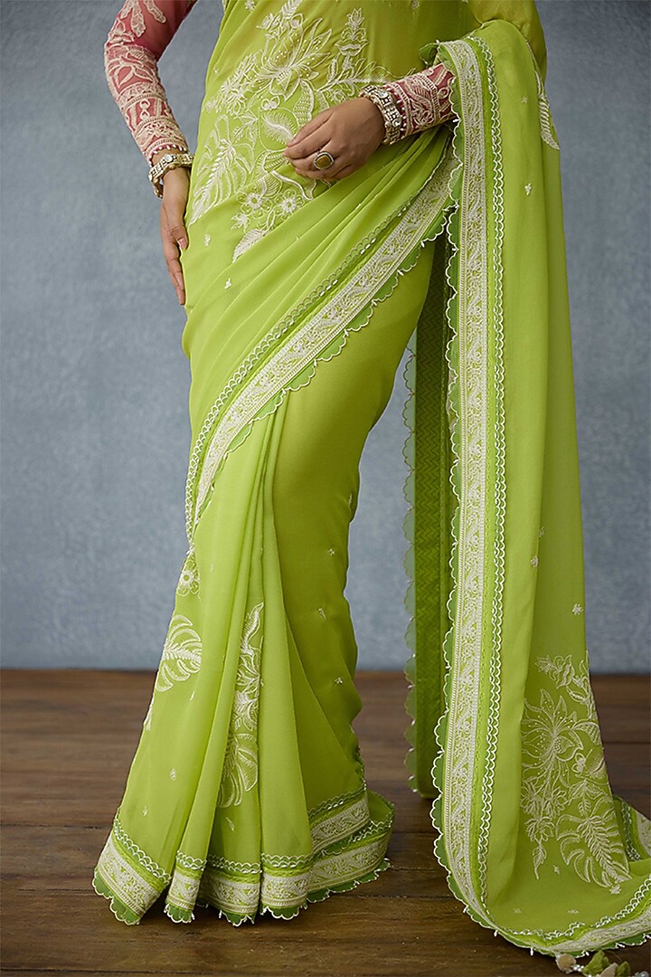 Green Organza Motif Embroidered Wedding Saree by TORANI at Pernia's Pop Up Shop