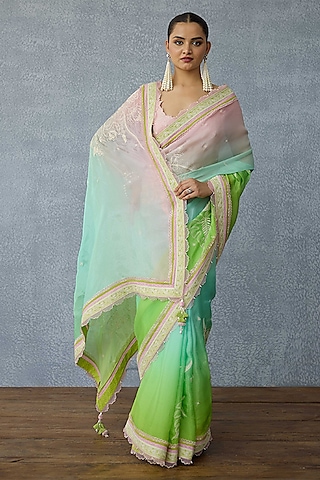 Multi-Colored Ombre Organza Tropical Motif Embroidered Saree by TORANI
