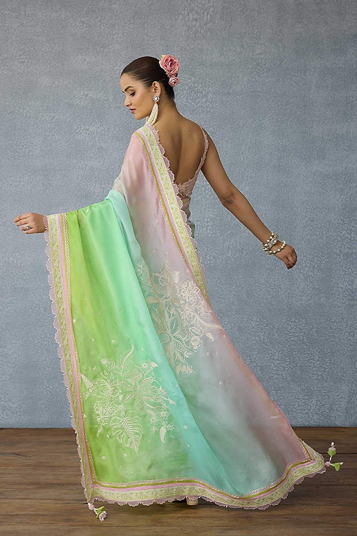 Multi-Colored Ombre Organza Tropical Motif Embroidered Wedding Saree by TORANI at Pernia's Pop Up Shop