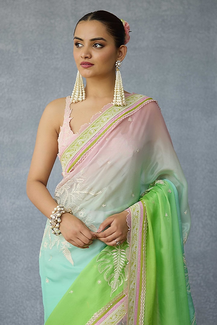Multi-Colored Ombre Organza Tropical Motif Embroidered Wedding Saree by TORANI at Pernia's Pop Up Shop