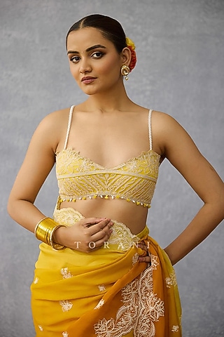 Yellow Net Tassels Embroidered Blouse by TORANI