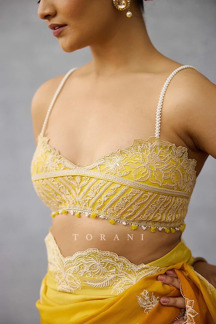 Yellow Net Tassels Embroidered Blouse by TORANI at Pernia's Pop Up Shop