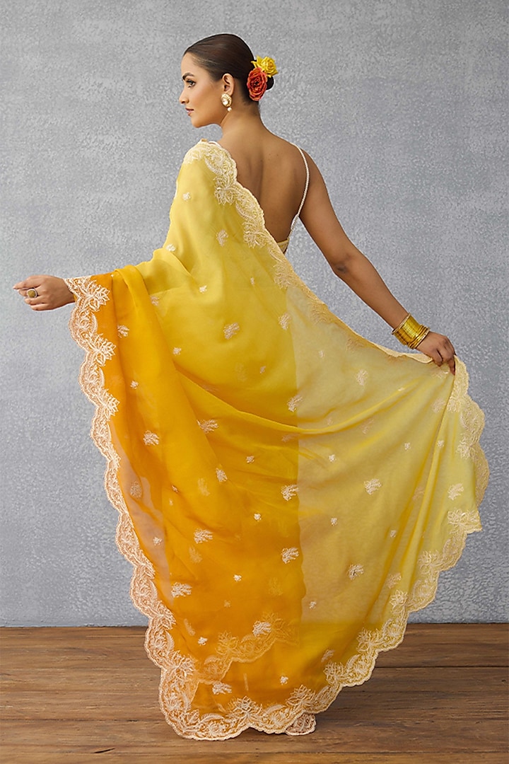 Yellow Ombre Organza Dori Hand Embroidered Scalloped Wedding Saree by TORANI at Pernia's Pop Up Shop