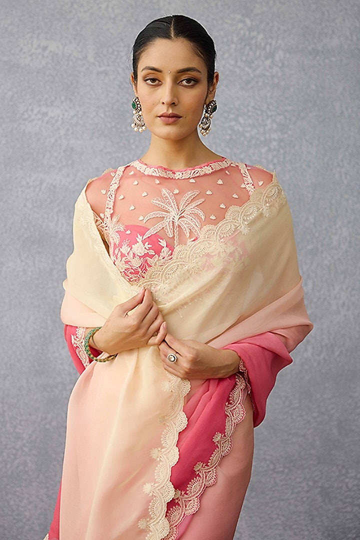 Peach & Pink Ombre Organza Embroidered Scalloped Wedding Saree by TORANI at Pernia's Pop Up Shop