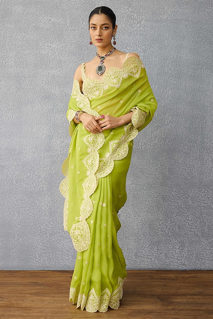 Parrot Green Organza Embroidered Wedding Saree by TORANI at Pernia's Pop Up Shop
